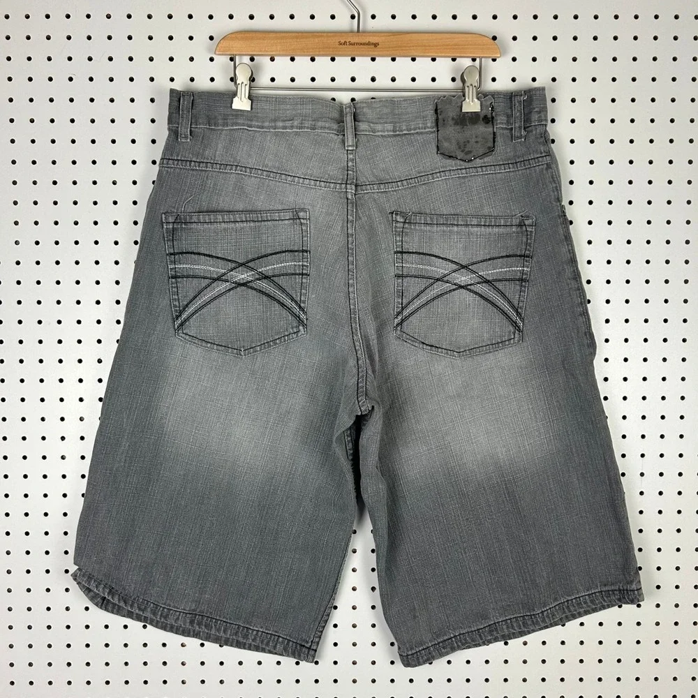 Mecca Men Baggy Denim Shorts Size 36 Gray Y2K Hip Hop Embroidered Streetwear 90s